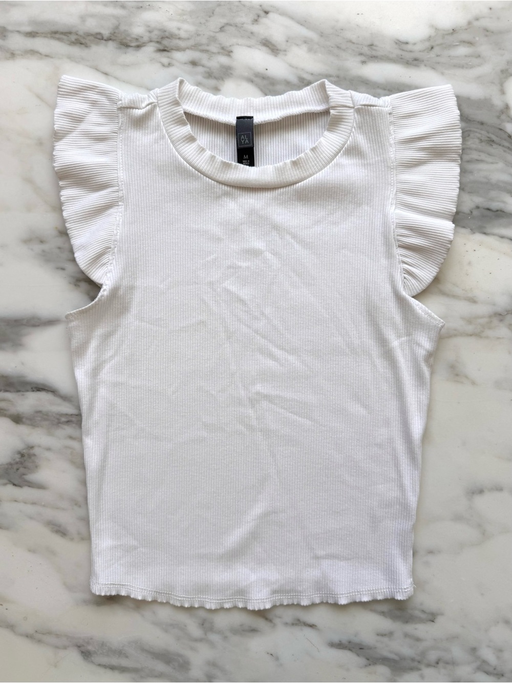 Alya White Ribbed Ruffle Flutter Sleeve Top • Sz M